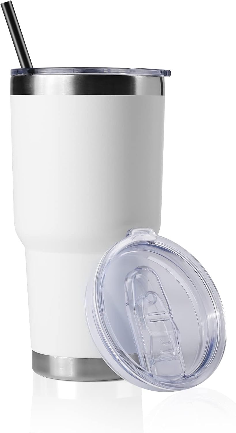 30 oz White Insulated Stainless Steel Tumbler with Lid and Straw