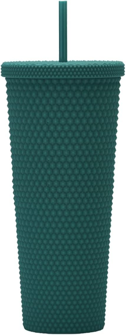 24 oz Matte Green Studded Plastic Tumbler with Lid and Straw
