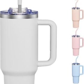 40 oz Gray Insulated Stainless Steel Tumbler with Handle and Leakproof Lid