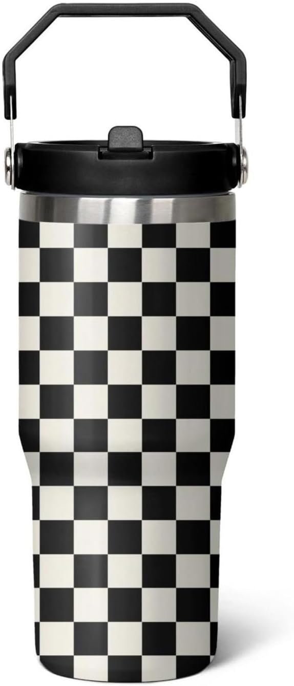 30 oz Black and White Checkered Tumbler with Handle and Straw