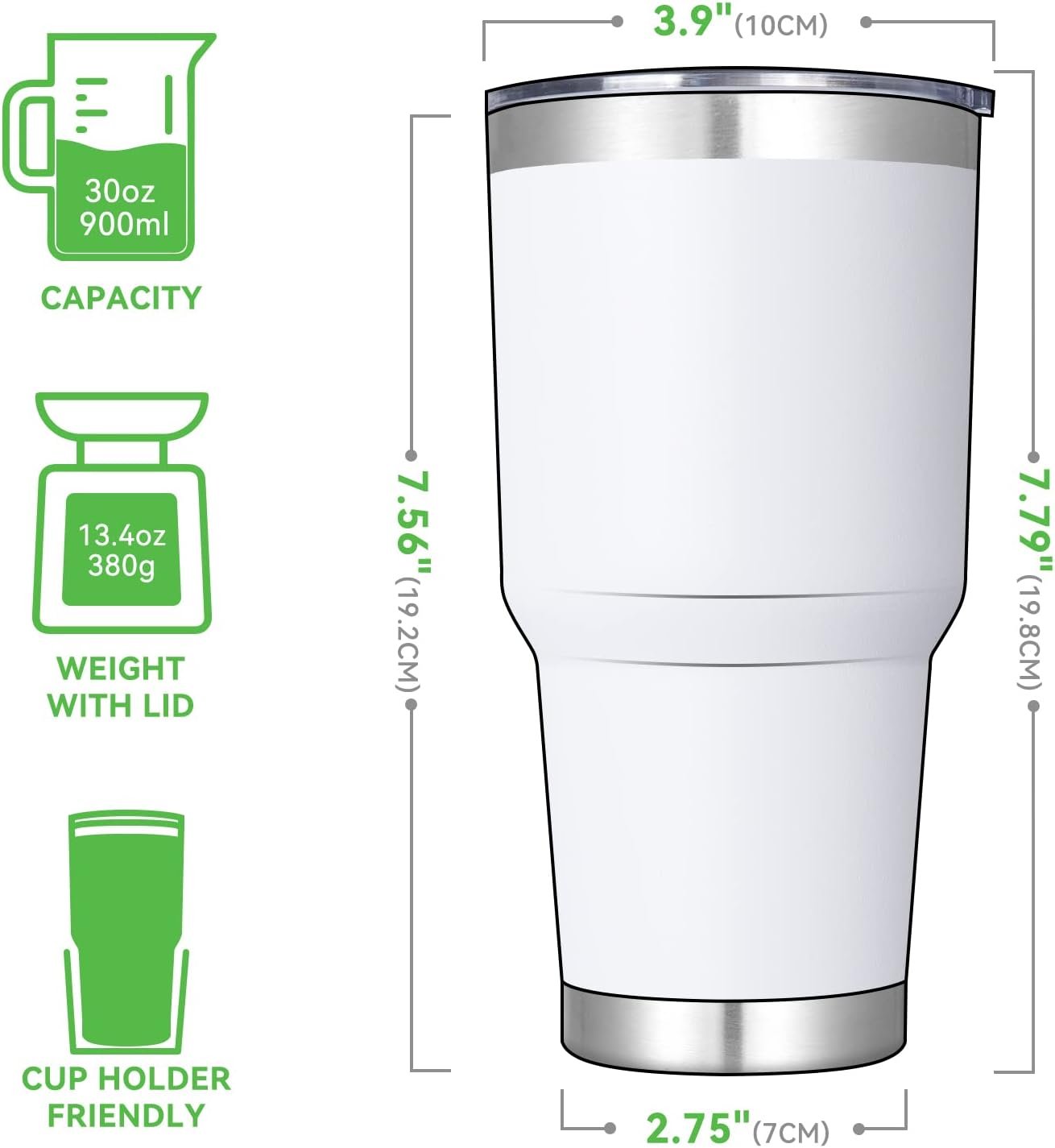 30 oz White Insulated Stainless Steel Tumbler with Lid and Straw - Image 2