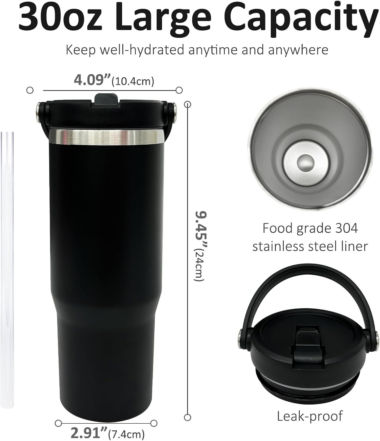 30 oz Black Tumbler with Handle and Flip Straw - Image 2
