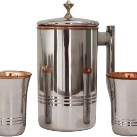 1.5 L Stainless Steel and Copper Water Pitcher Set with Two Matching Tumblers and Brass Knob Lid