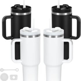 4-Pack 40 oz Insulated Stainless Steel Tumblers with Handles, Lids and Straws in Black and White