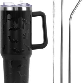 40 oz Black Gothic Bat Print Insulated Tumbler with Handle and Straw