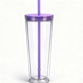 24 oz Purple Double-Wall Insulated Plastic Tumbler with Lid and Straw