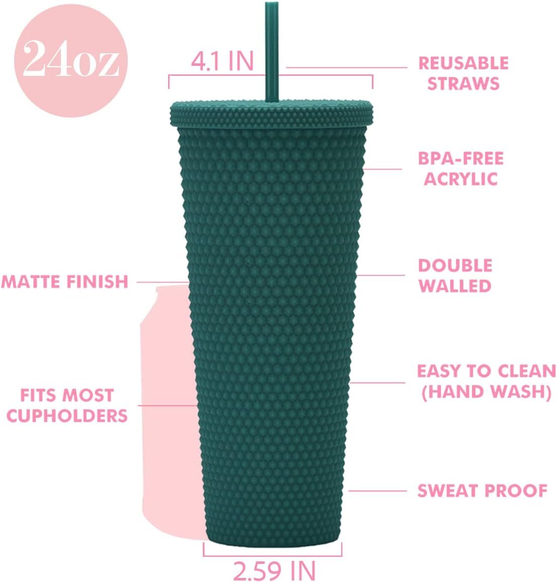 24 oz Matte Green Studded Plastic Tumbler with Lid and Straw - Image 2