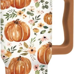 40 oz Orange Pumpkin Print Autumn Tumbler with Handle
