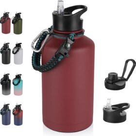 64 oz Brick Red Insulated Stainless Steel Water Jug with Straw, Spout Lid and Paracord Handle