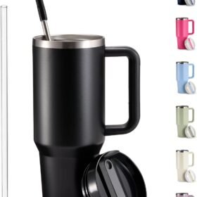 40 oz Black Insulated Stainless Steel Tumbler with Handle and Straw