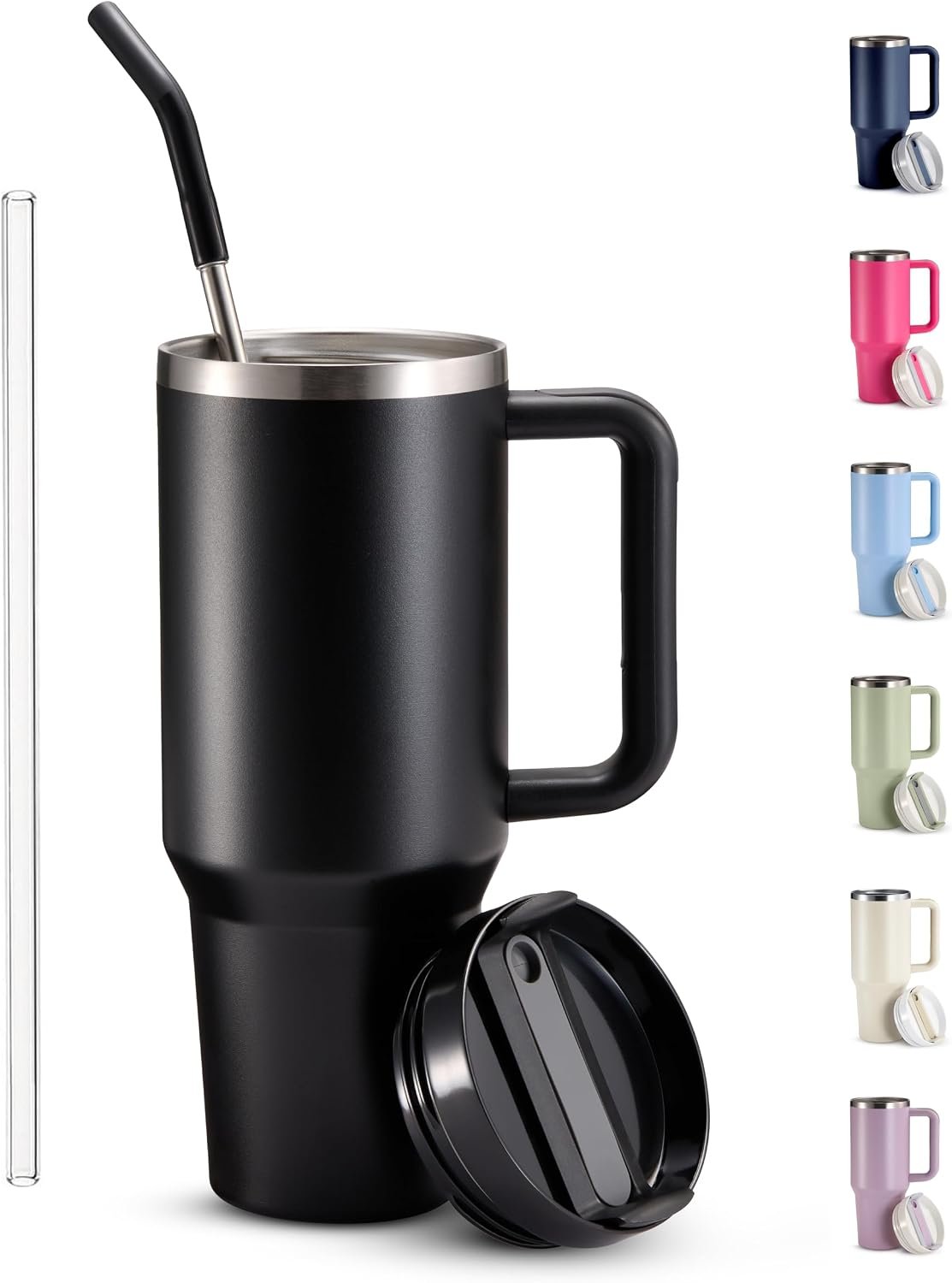 40 oz Black Insulated Stainless Steel Tumbler with Handle and Straw