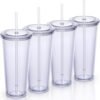 4-Pack 24 oz Clear Double-Wall Plastic Tumblers with Lids and Straws