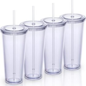 4-Pack 24 oz Clear Double-Wall Plastic Tumblers with Lids and Straws