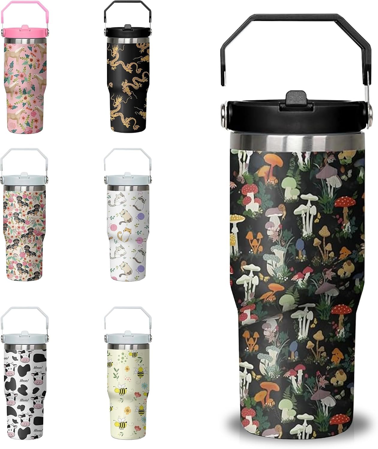 30 oz Mushroom Print Insulated Tumbler with Handle and Straw