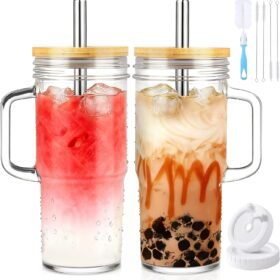 2-Pack 24 oz Glass Tumblers with Handles, Lids and Straws