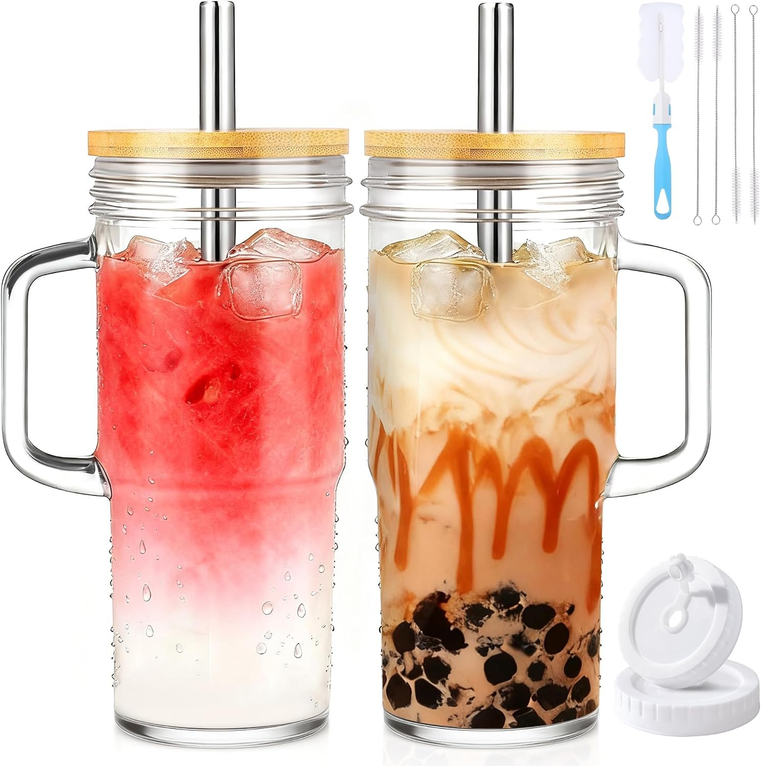 2-Pack 24 oz Glass Tumblers with Handles, Lids and Straws