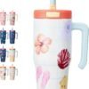 24 oz Insulated Tumbler with Handle and Straw in Coastal Colors