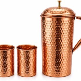 Hammered Copper Water Jug with Lid and Two Matching Copper Tumblers