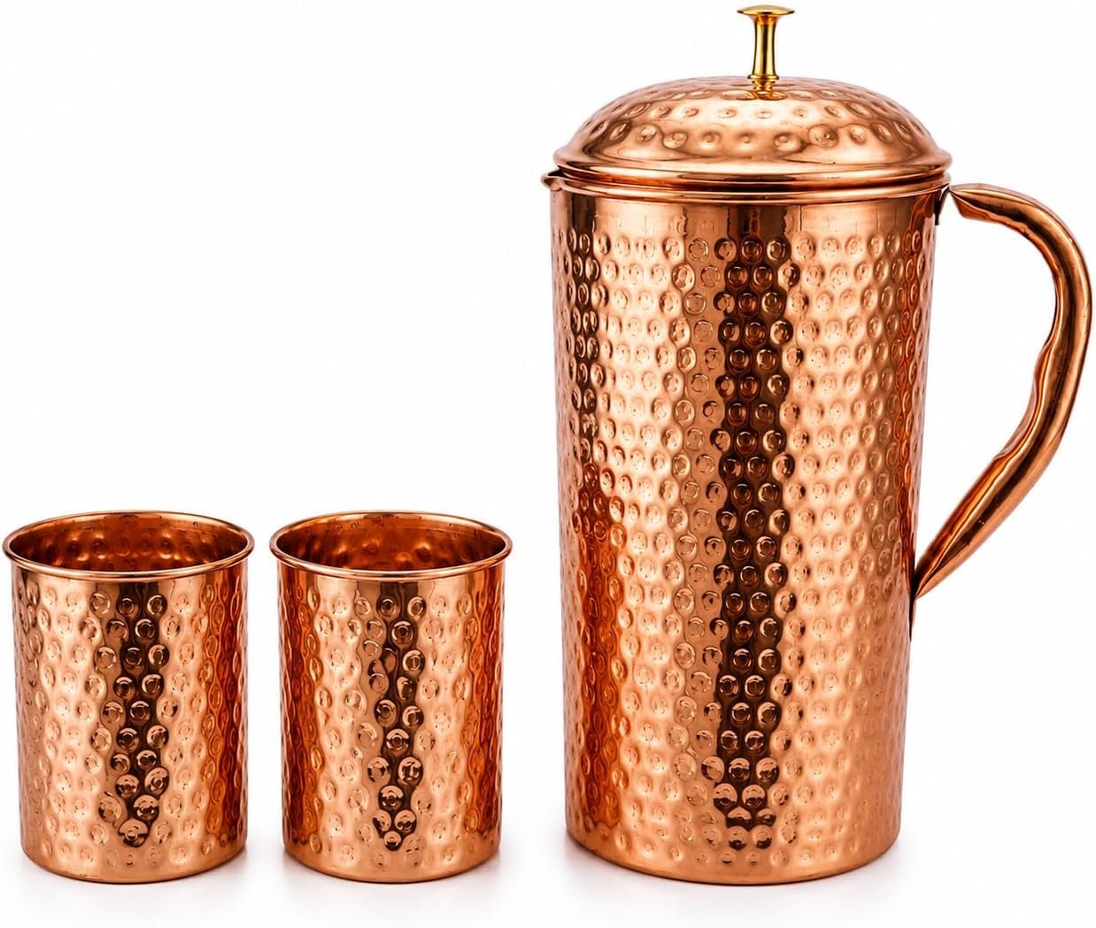 Hammered Copper Water Jug with Lid and Two Matching Copper Tumblers