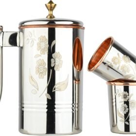 1.7 L Stainless Steel and Copper Water Pitcher Set with Two Matching Tumblers and Etched Brass Knob Lid