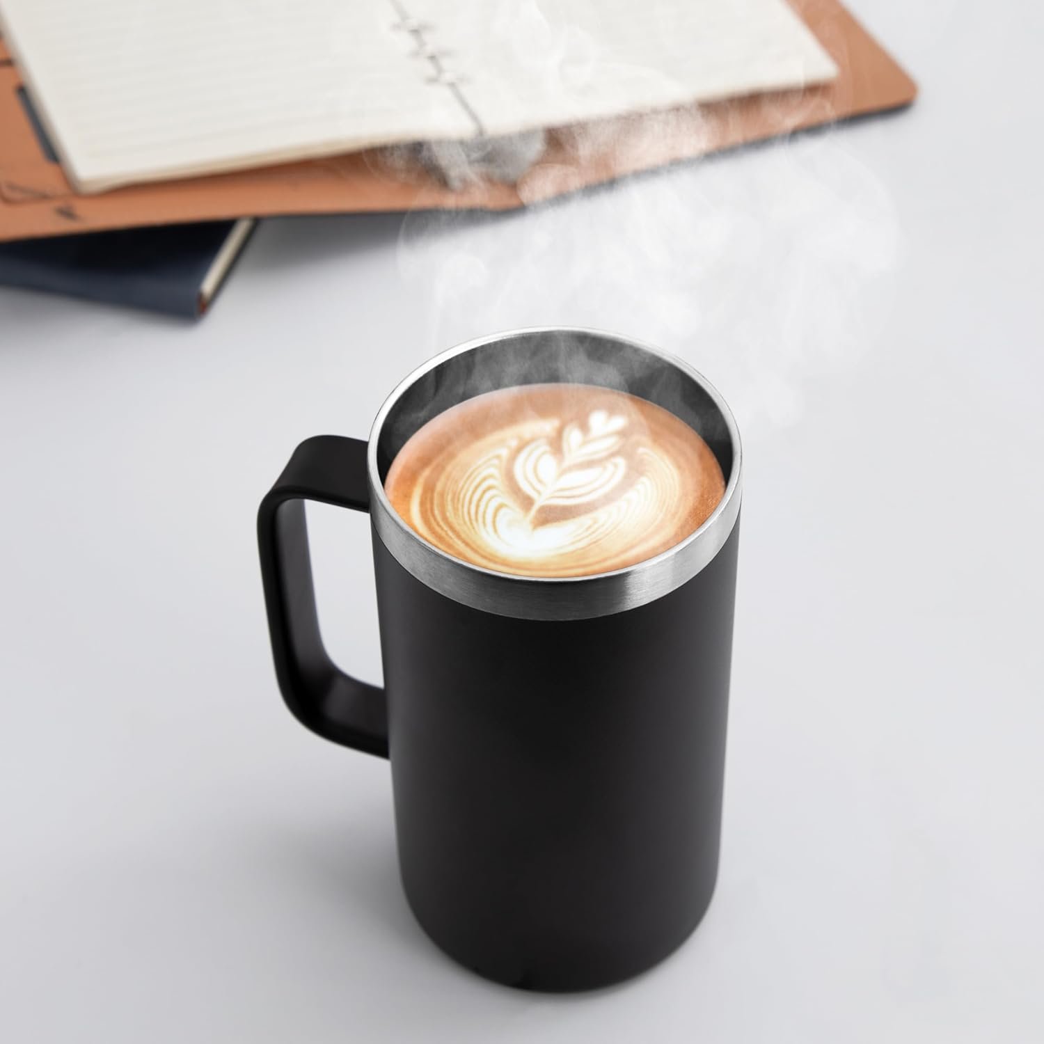 24 oz Black Insulated Stainless Steel Travel Mug with Handle and Lid - Image 2