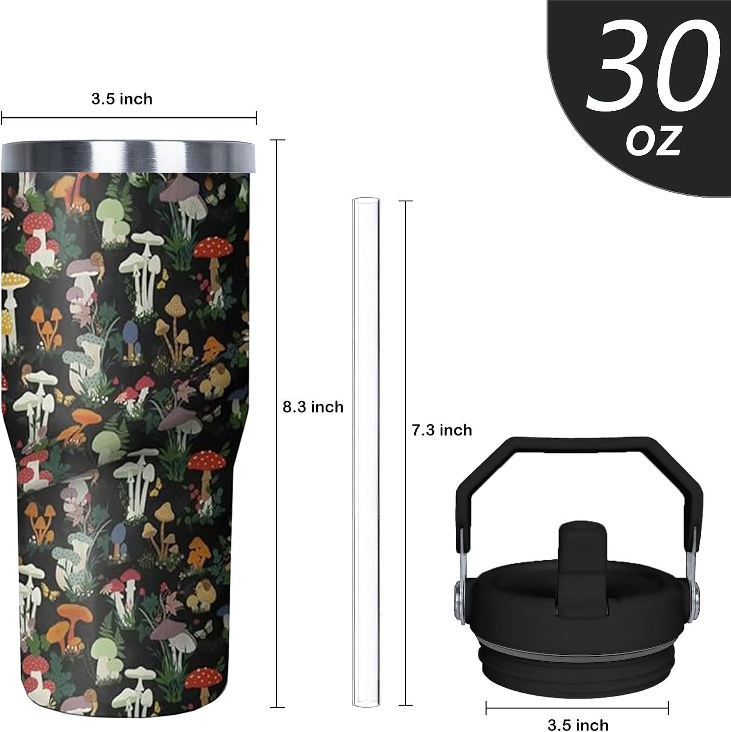 30 oz Mushroom Print Insulated Tumbler with Handle and Straw - Image 2
