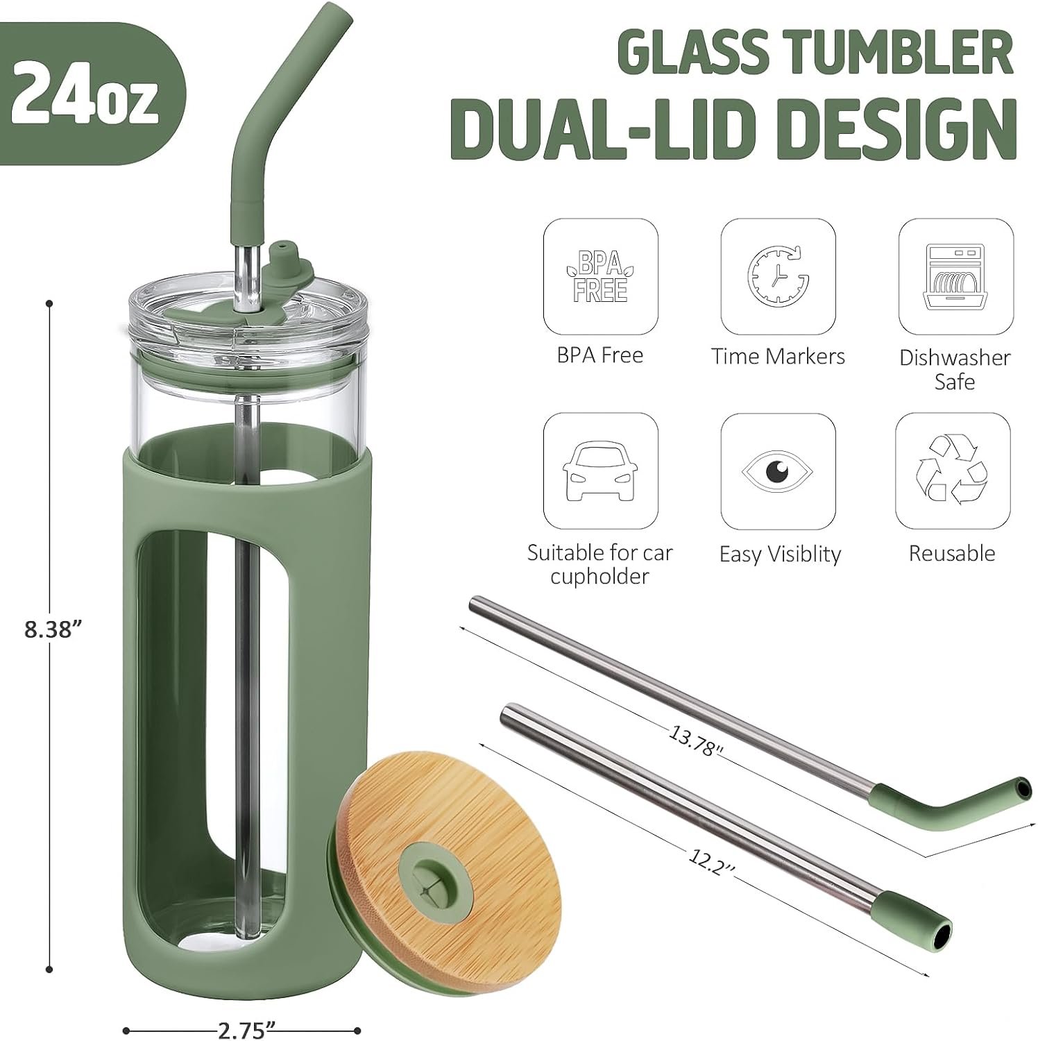 24 oz Olive Glass Tumbler with Two Lids and Straws - Image 2