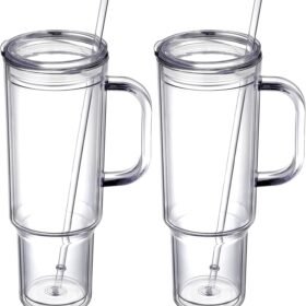 2-Pack 40 oz Clear Double-Wall Plastic Tumblers with Handle and Straw Lid