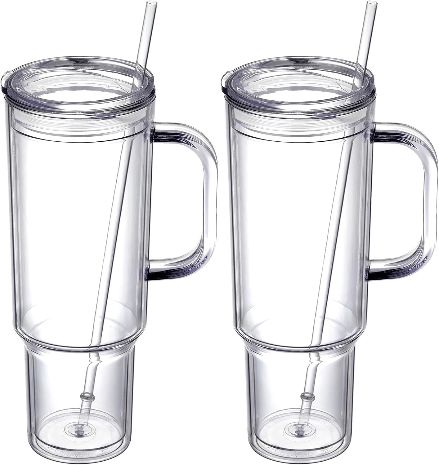 2-Pack 40 oz Clear Double-Wall Plastic Tumblers with Handle and Straw Lid