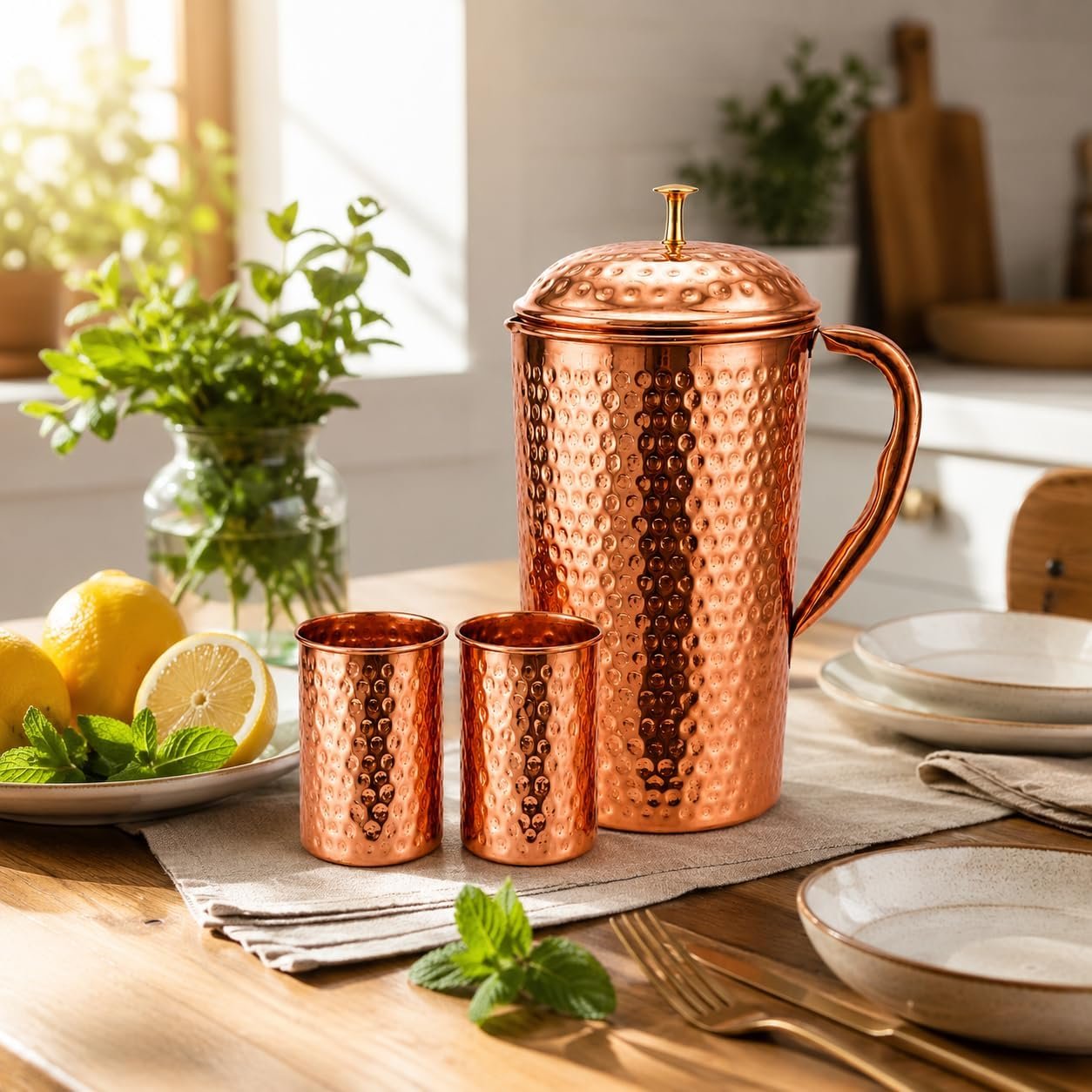 Hammered Copper Water Jug with Lid and Two Matching Copper Tumblers - Image 2