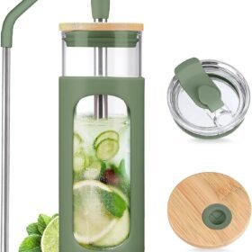 24 oz Olive Glass Tumbler with Two Lids and Straws