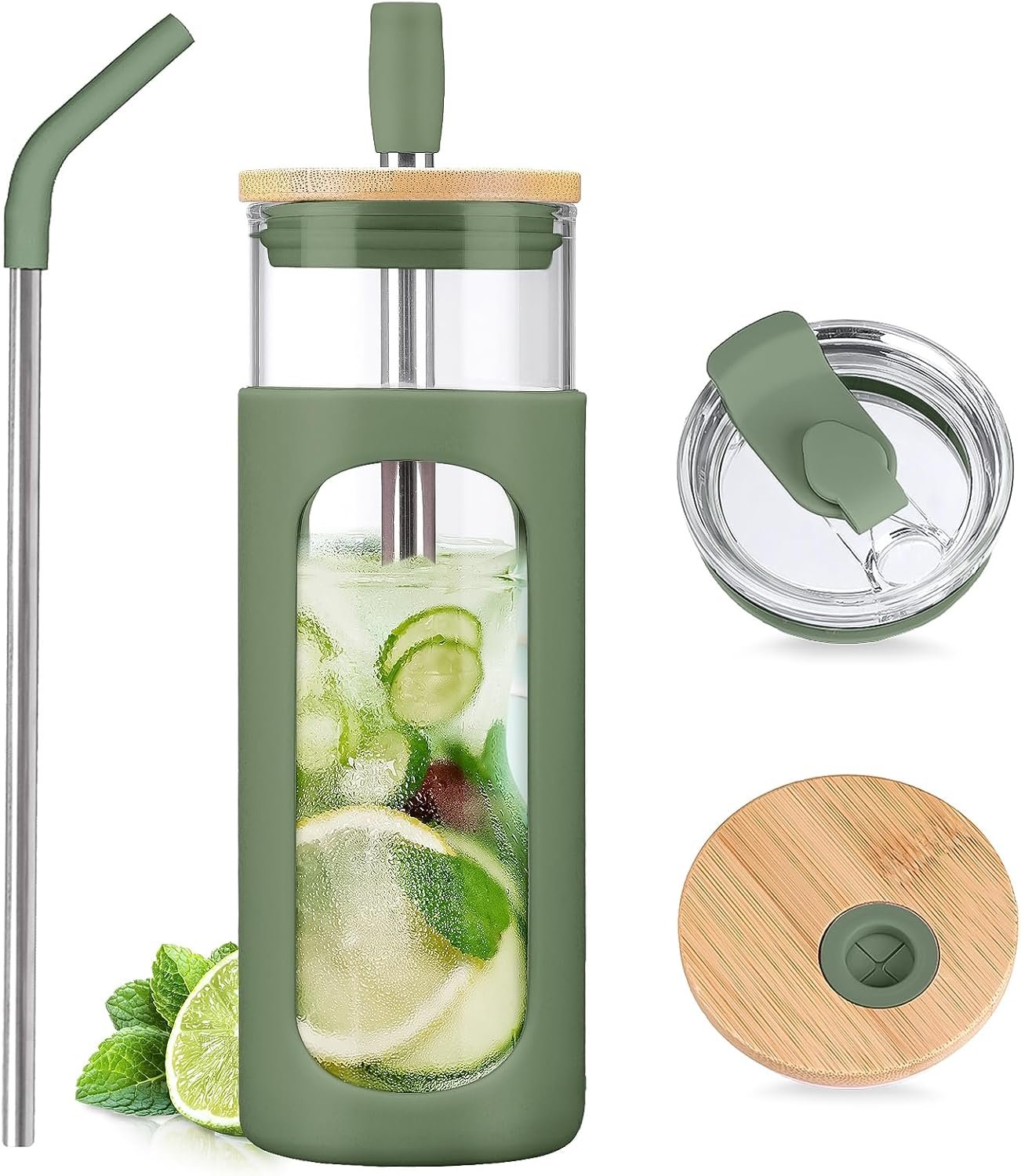24 oz Olive Glass Tumbler with Two Lids and Straws