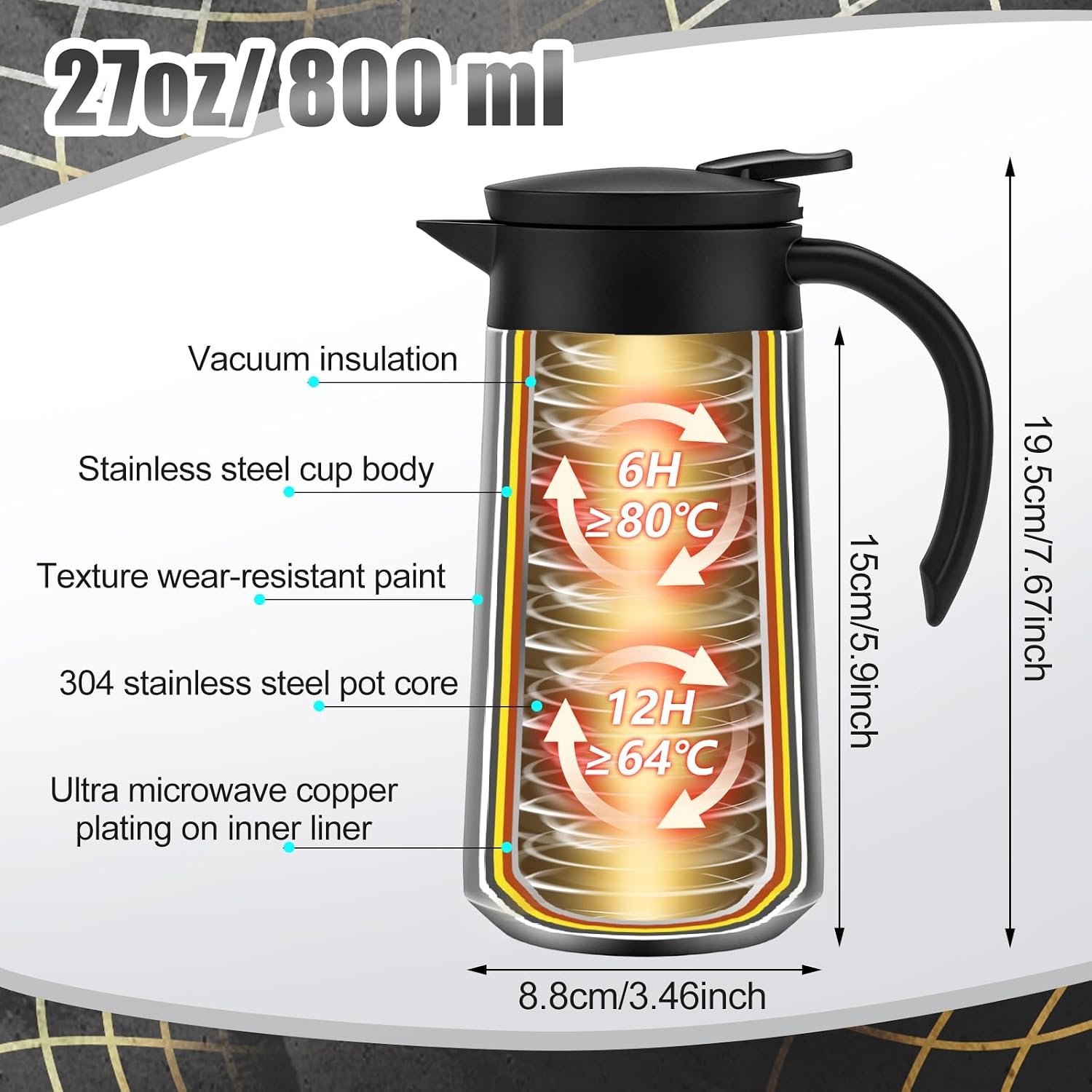 2-Piece 28 oz Silver Insulated Stainless Steel Coffee Carafe Set with Press-Button Lids - Image 2