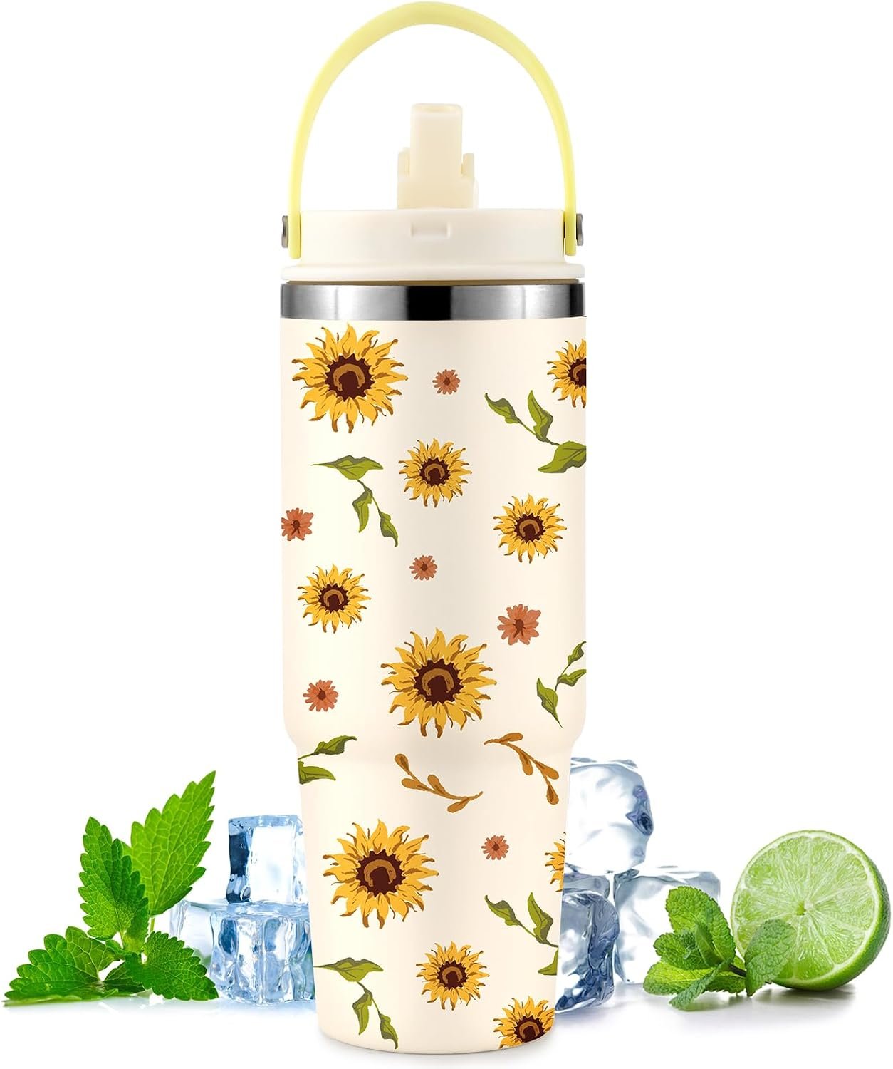 30 oz Sunflower Print Tumbler with Handle and Flip Straw