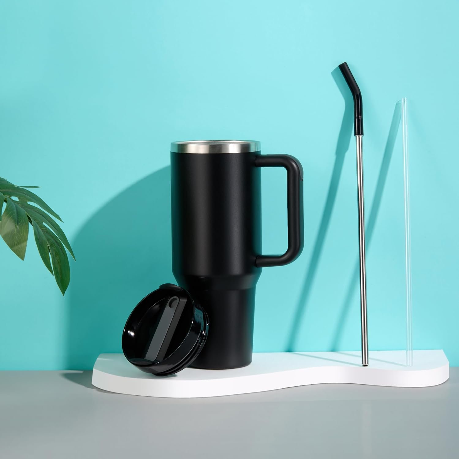 40 oz Black Insulated Stainless Steel Tumbler with Handle and Straw - Image 2