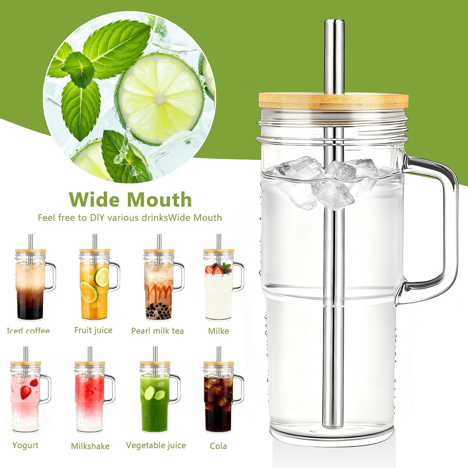 2-Pack 24 oz Glass Tumblers with Handles, Lids and Straws - Image 2
